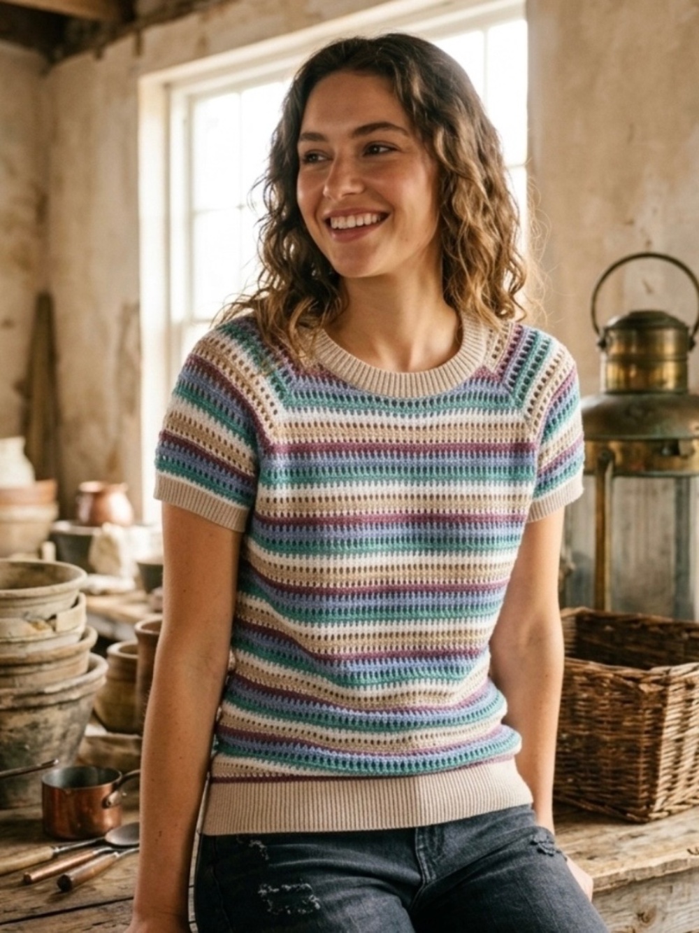 Amour Vert Crochet Knit Striped Sweater Top Multi Color S Boho Coastal Grandma